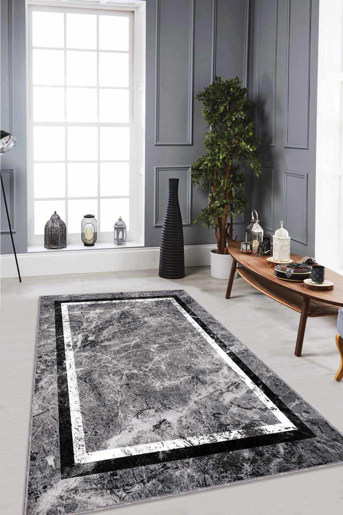 Viva Home RV105 Gri 7 mm Mikropolyester Toz Tutmaz Yıkanabilir İnce Kaymaz Dot Taban Dikdörtgen Makine Dokuma Salon Halısı 80x300 cm