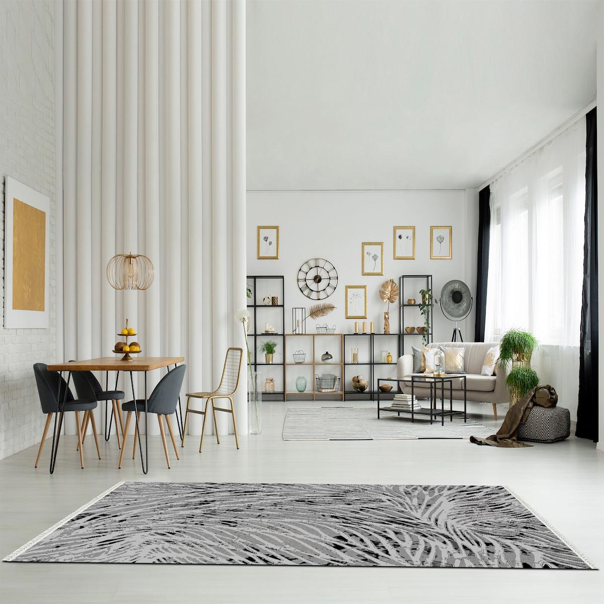 Assos Home Gri 5.5 mm Polyester Yıkanabilir İnce Kaymaz Jüt Taban Dikdörtgen Makine Dokuma Salon Halısı 160x230 cm