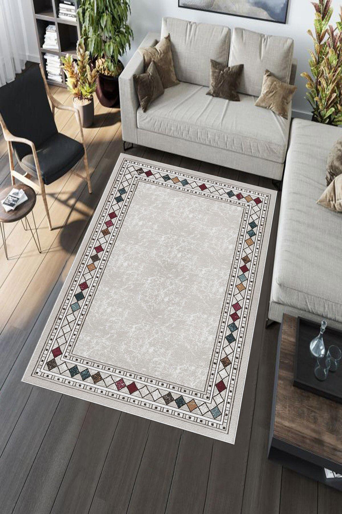 Aldora A294 Krem 9 mm Deri Yıkanabilir İnce Kaymaz Suni Deri Taban Dikdörtgen Makine Dokuma Salon Halısı 120x180 cm