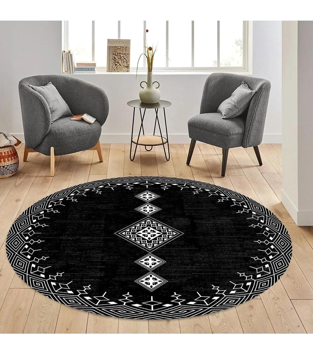 Rovigo Home RVG7312-SD1108 Çok Renkli 8 mm Polyester Antibakteriyel-Leke Tutmaz-Toz Tutmaz Yıkanabilir İnce Kaymaz Dot Taban Yuvarlak Makine Dokuma Salon Halısı 180x180 cm