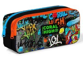 Coral High Grafiti Siyah Baskılı Bez Bölmeli Çift Gözlü Grafiti Dikdörtgen Cüzdan Kalemlik