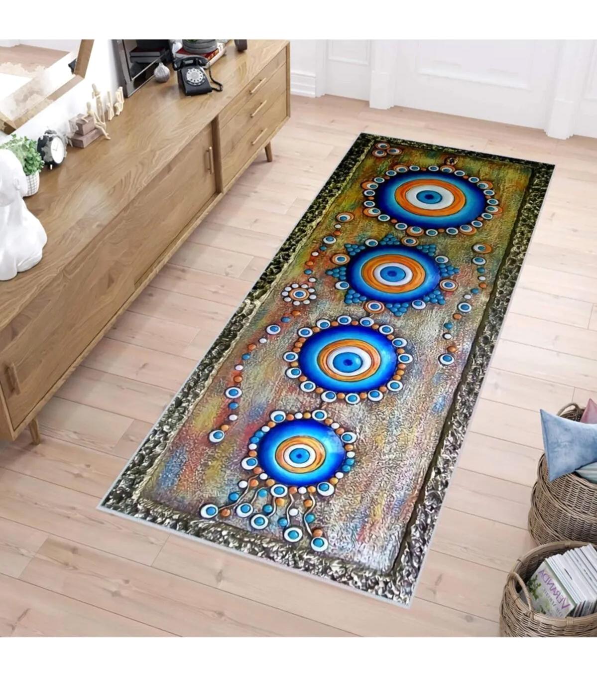Rovigo Home RVG1162 Mavi 8 mm Polyester Leke Tutmaz-Toz Tutmaz Yıkanabilir İnce Kaymaz Dot Taban Dikdörtgen Makine Dokuma Salon Halısı 80x150 cm