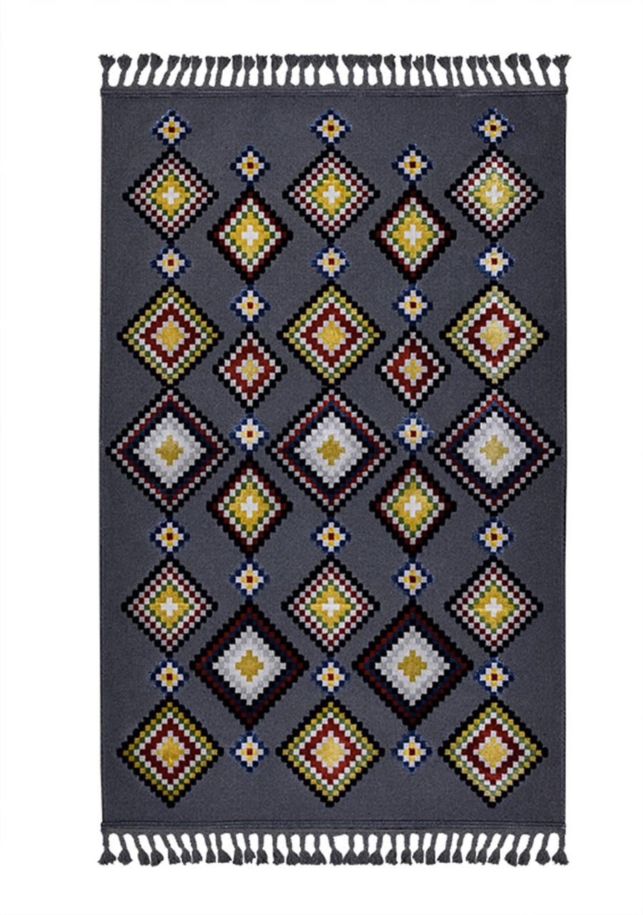 Kreasyon Halı Rönesans 9234 Gri 3 mm Akrilik Yalıtıma Yardımcı Yıkanabilir İnce Kaymaz Pamuk Taban Geometrik Dikdörtgen Makine Dokuma Salon Halısı 120x180 cm