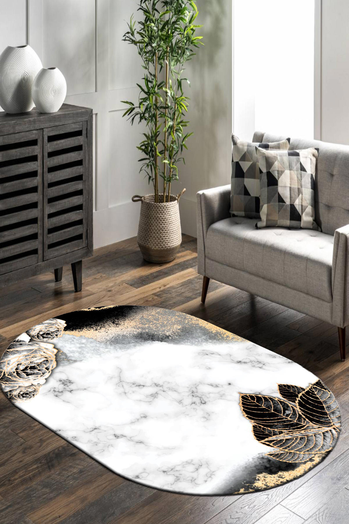 Roslyn Home Çok Renkli 0.8 mm Polyester Toz Tutmaz Yıkanabilir İnce Kaymaz Dot Taban Çiçek Desenli Oval Makine Dokuma Salon Halısı 100x200 cm