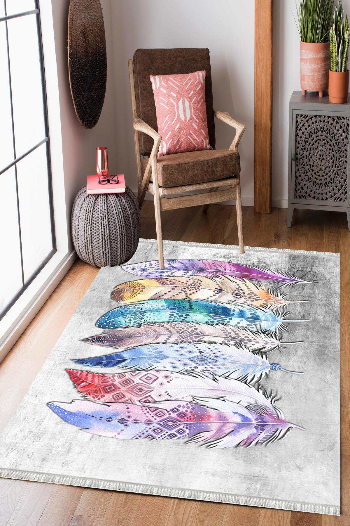 Enbe Collection E-FL2196 Krem 5 mm Pamuk Silinebilir Yıkanabilir Orta Kaymaz Dot Taban Dikdörtgen Makine Dokuma Oturma Odası Halısı 80x120 cm