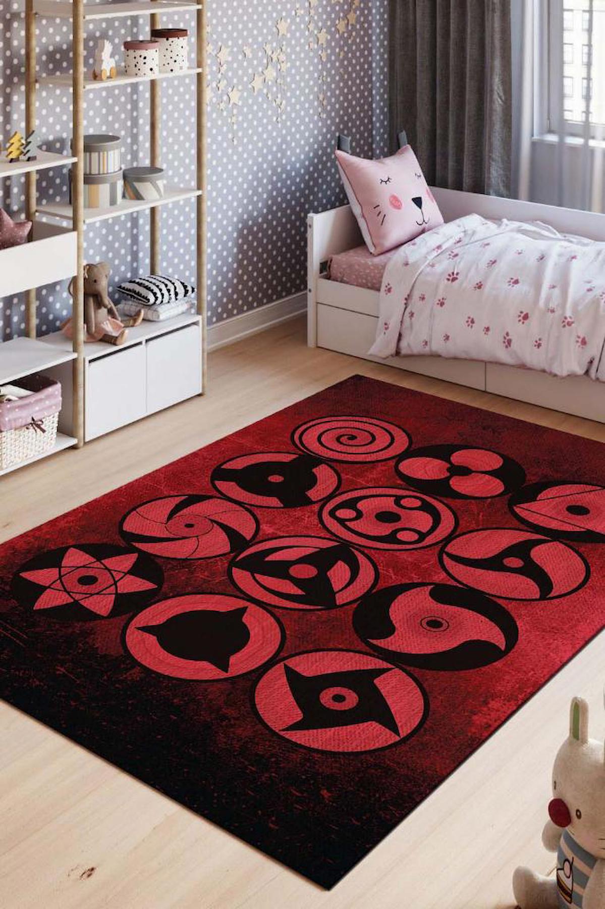 Homshtag Anime Kırmızı-Siyah 4 mm Pamuk Antistatik Yıkanabilir İnce Kaymaz Dikdörtgen Makine Dokuma Genç Odası Halısı 160x230 cm