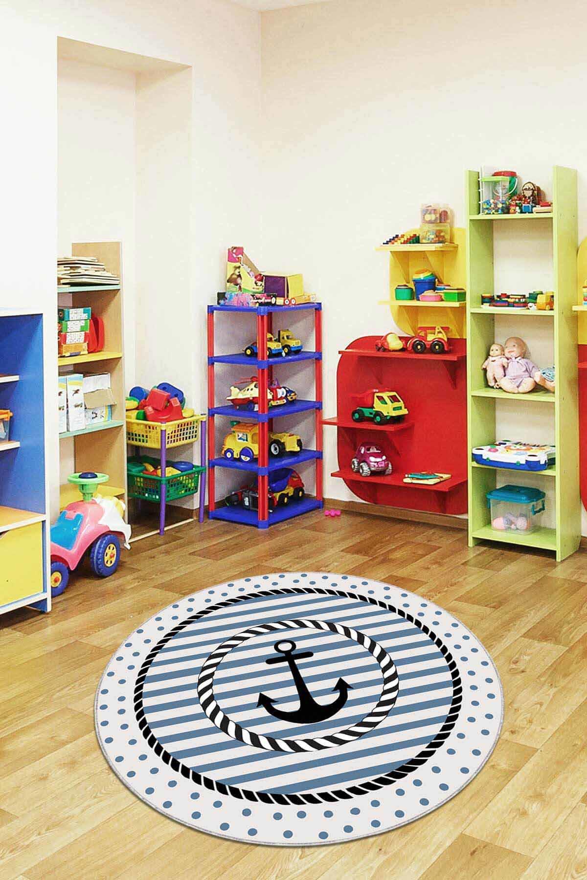 Viva Home AR1016 Lacivert 7 mm Mikropolyester Leke tutmaz Yıkanabilir İnce Kaymaz Yuvarlak Makine Dokuma Çocuk Odası Halısı 100x200 cm
