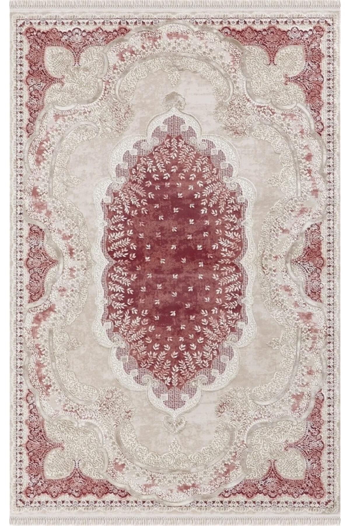 Merinos Rodin 19777 Bej - Kırmızı 11 mm Akrilik Antibakteriyel Yıkanabilir İnce Kaymaz Dikdörtgen Makine Dokuma Salon Halısı 100x425 cm