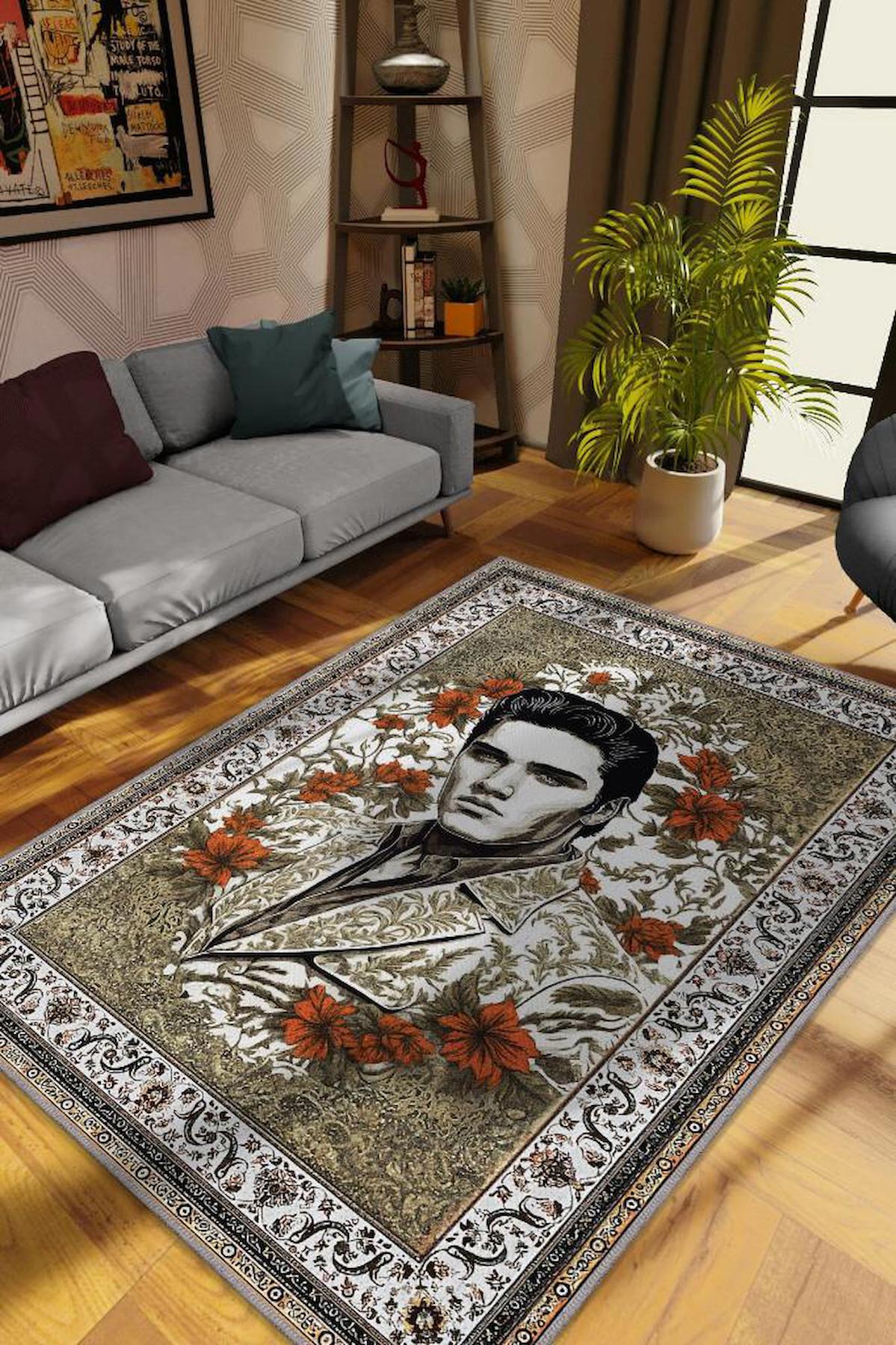 Homshtag Elvis Presley Krem 4 mm Pamuk Antistatik Yıkanabilir İnce Kaymaz Dikdörtgen Makine Dokuma Salon Halısı 133x190 cm
