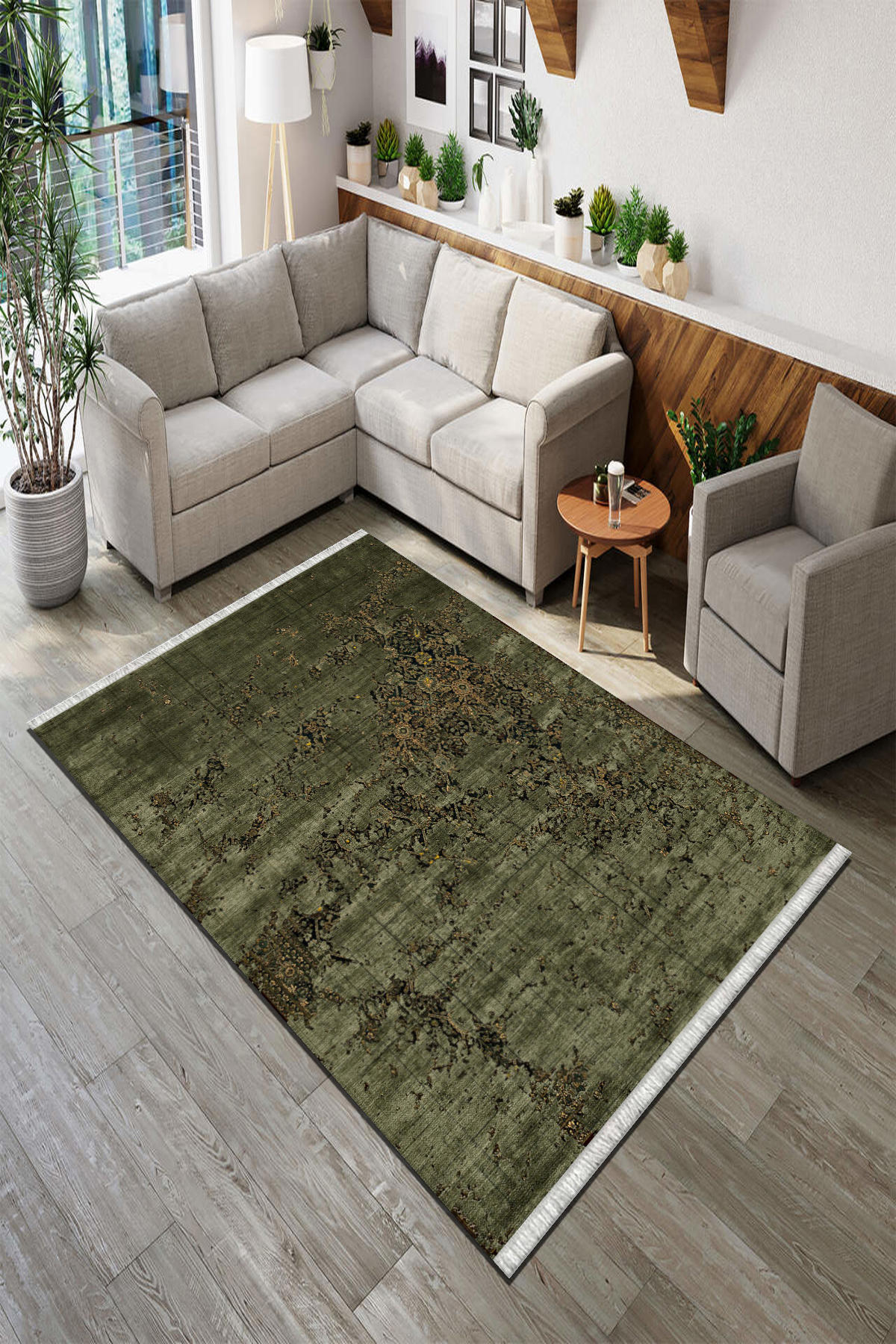 Roslyn Home Haki 6 mm Polyester Toz Tutmaz Yıkanabilir İnce Kaymaz Dot Taban Dikdörtgen Makine Dokuma Salon Halısı 160x230 cm