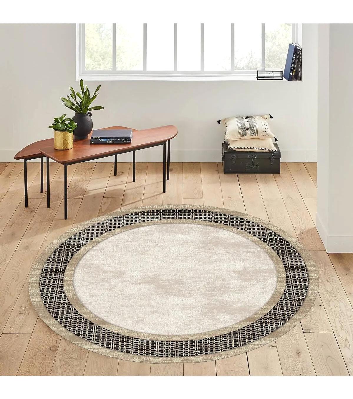 Rovigo Home RVG7287-SD751 Krem 8 mm Polyester Antibakteriyel-Leke Tutmaz-Toz Tutmaz Yıkanabilir İnce Kaymaz Dot Taban Yuvarlak Makine Dokuma Salon Halısı 120x180 cm