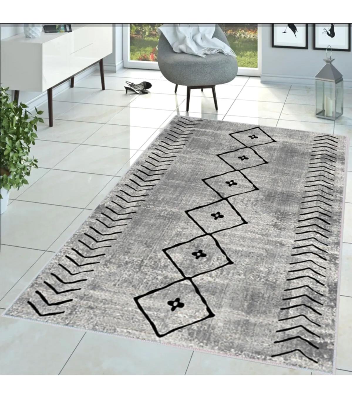 Rovigo Home RVG1360-HT962 Gri 8 mm Polyester Leke Tutmaz-Toz Tutmaz Yıkanabilir İnce Kaymaz Dot Taban Dikdörtgen Makine Dokuma Salon Halısı 80x150 cm