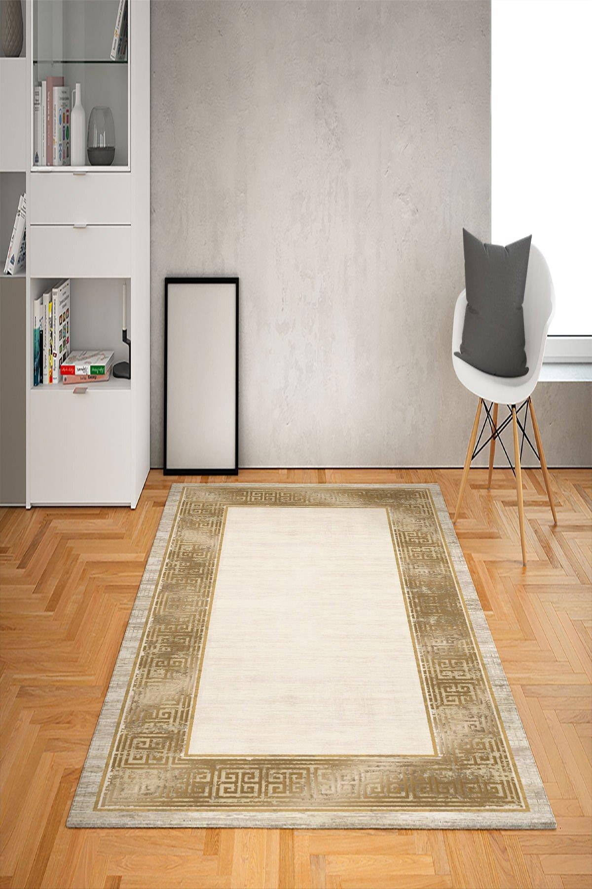 Doruklar Home Collection Bej-Kahverengi 0.7 mm Polyester Antibakteriyel Yıkanabilir Kalın Kaymaz Taban Dikdörtgen Makine Dokuma Salon Halısı 95x160 cm