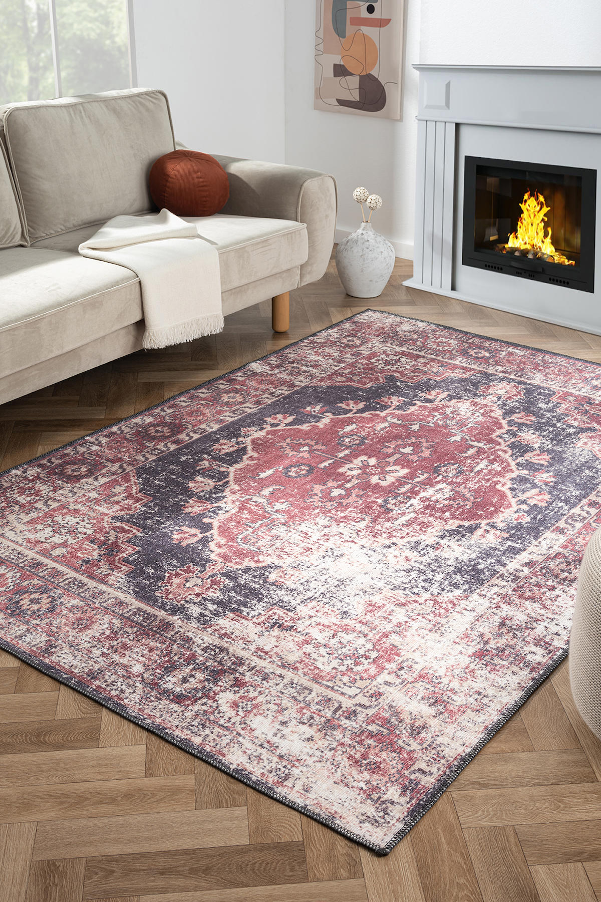 Konfor Halı Antico 2352 Krem 5 mm Polyester Yıkanabilir İnce Kaymaz Jüt Taban Dikdörtgen Makine Dokuma Salon Halısı 100x150 cm