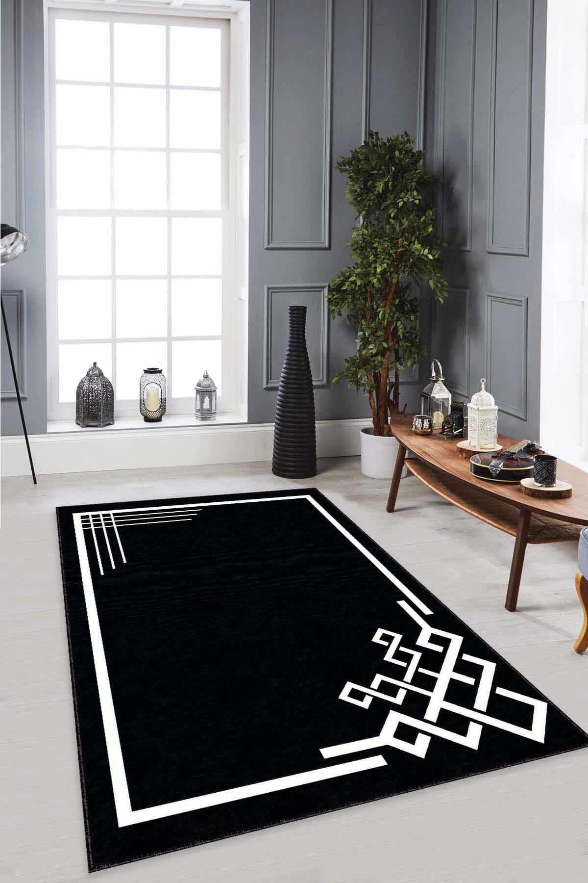 Viva Home AR534 Siyah 7 mm Mikropolyester Antibakteriyel Yıkanabilir Kalın Kaymaz Lateks Taban Dikdörtgen Makine Dokuma Salon Halısı 100x200 cm