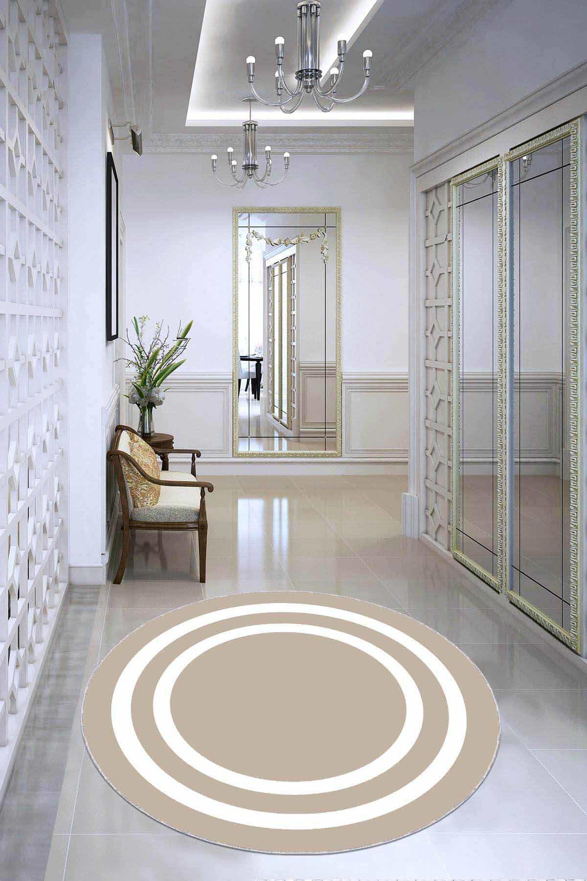 Viva Home AR510 Bej 7 mm Mikropolyester Yıkanabilir İnce Kaymaz Jüt Taban Yuvarlak Makine Dokuma Salon Halısı 200x290 cm