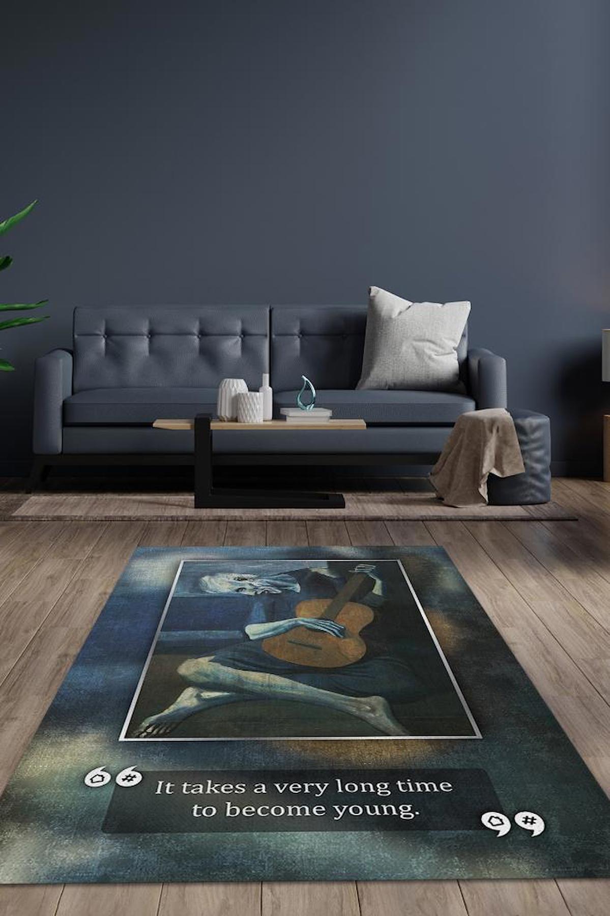 Homshtag Yaşlı Gitarist Picasso Krem 4 mm Pamuk Antistatik Yıkanabilir İnce Kaymaz Dikdörtgen Makine Dokuma Salon Halısı 100x200 cm