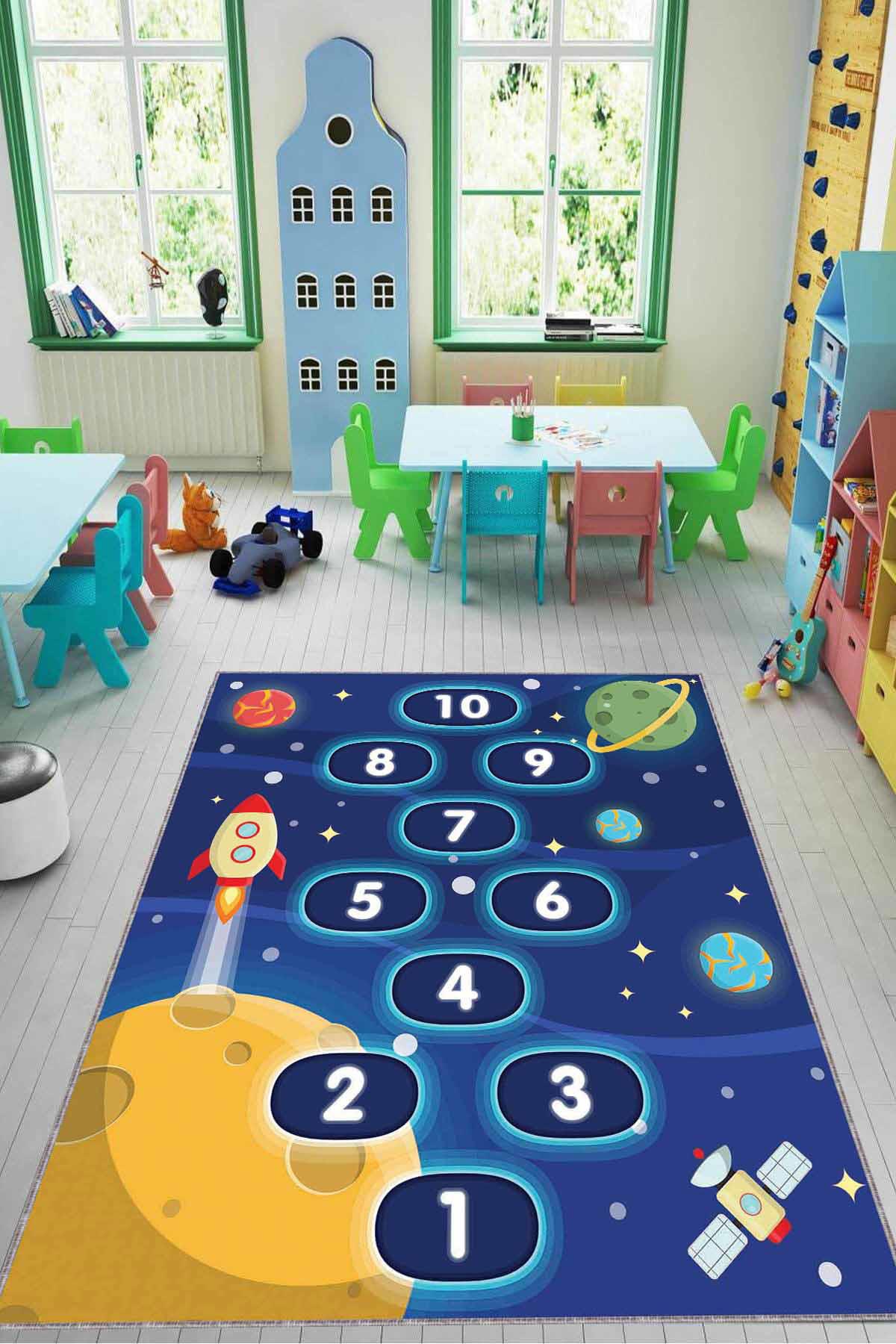 Viva Home KD96 Lacivert 7 mm Mikropolyester Leke tutmaz Yıkanabilir İnce Kaymaz Dikdörtgen Makine Dokuma Çocuk Odası Halısı 180x180 cm