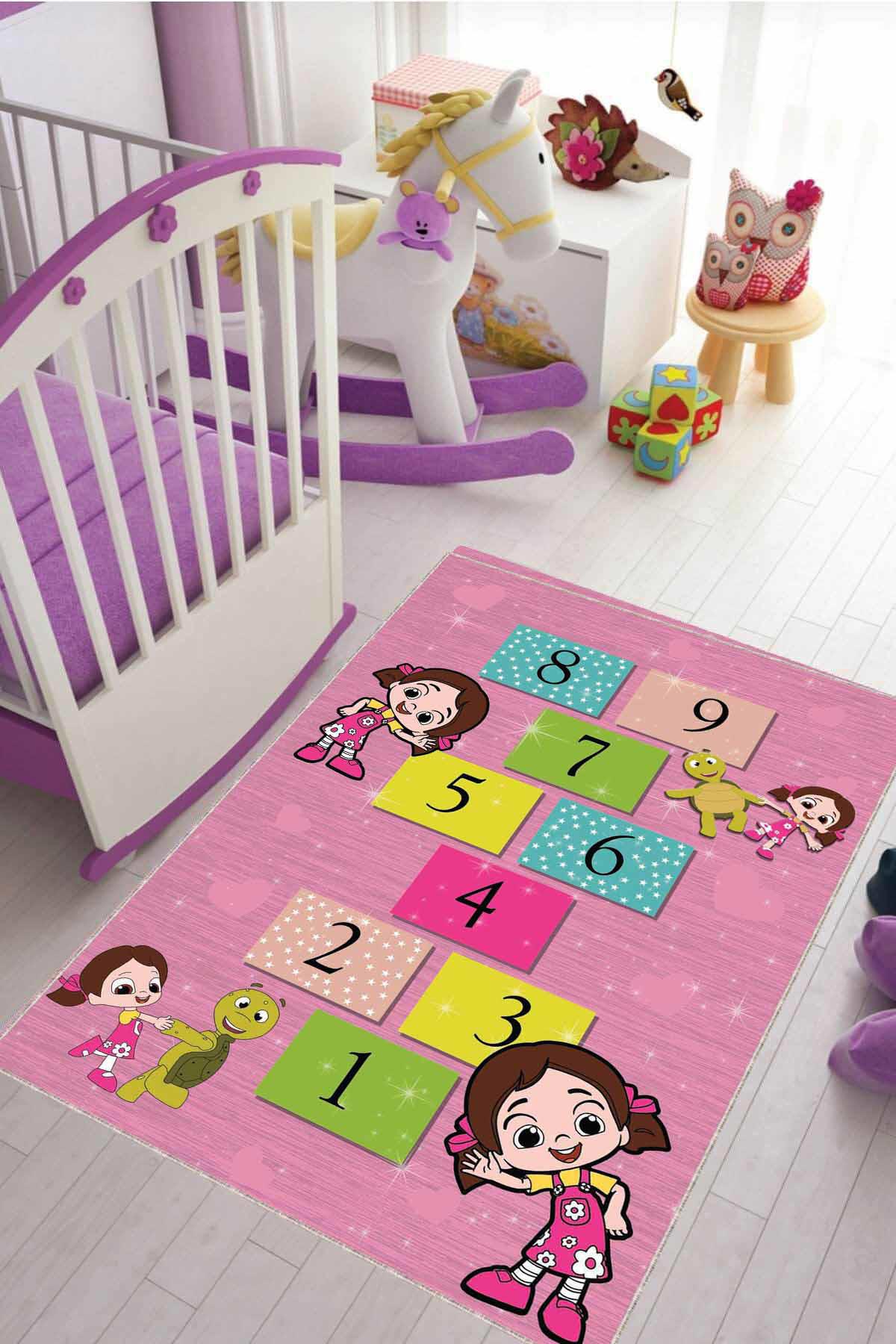 Viva Home KD93 Pembe 7 mm Mikropolyester Leke Tutmaz Yıkanabilir İnce Kaymaz Dot Taban Dikdörtgen Makine Dokuma Çocuk Odası Halısı 140x200 cm