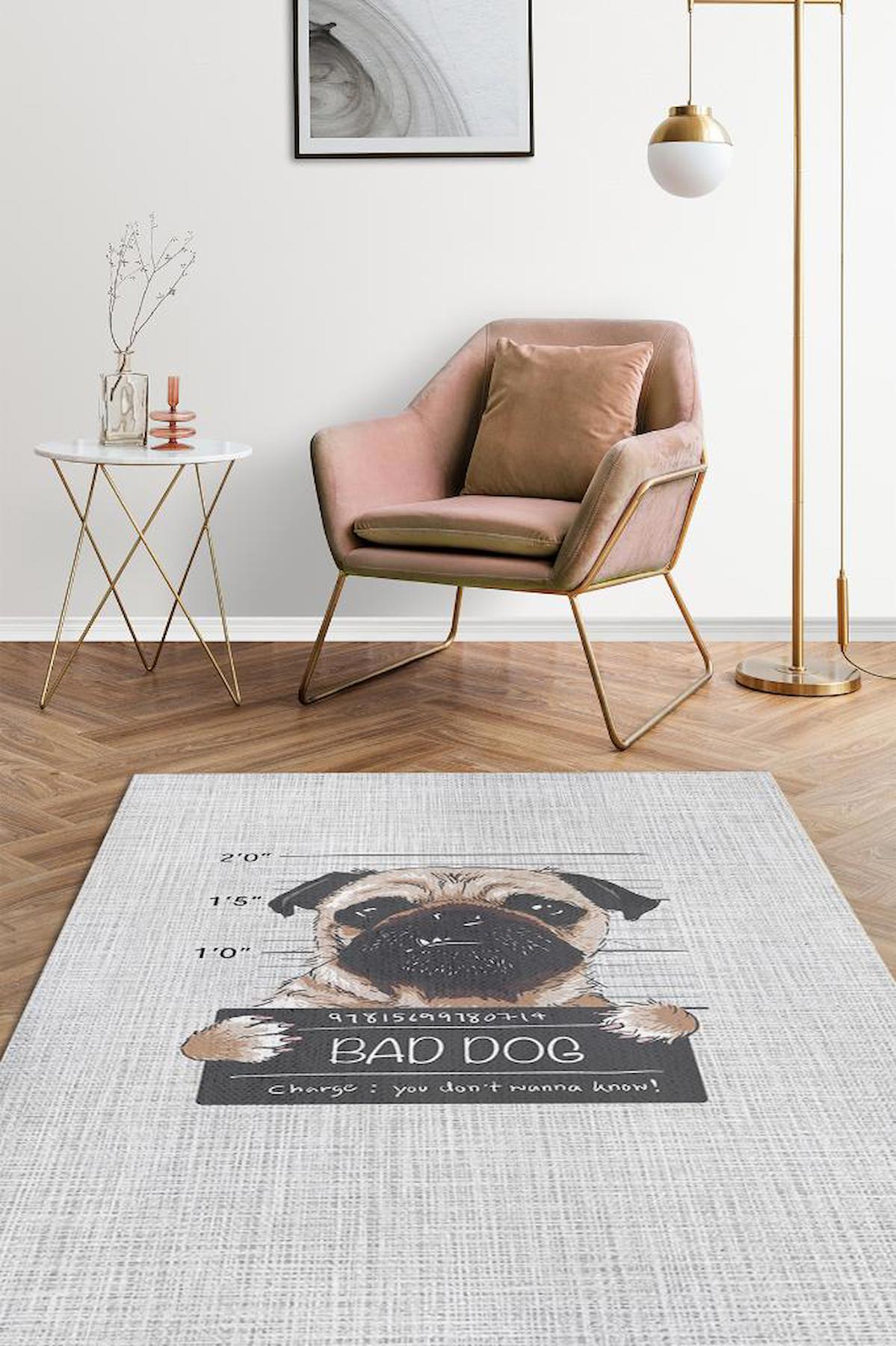 Homshtag Kötü Köpek Krem 4 mm Pamuk Antistatik Yıkanabilir İnce Kaymaz Dikdörtgen Makine Dokuma Salon Halısı 133x190 cm