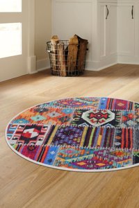 Dijidekor 9010 Krem 6 mm Polyester Yıkanabilir Orta Kaymaz Dot Taban Yuvarlak Makine Dokuma Salon Halısı 150x150 cm