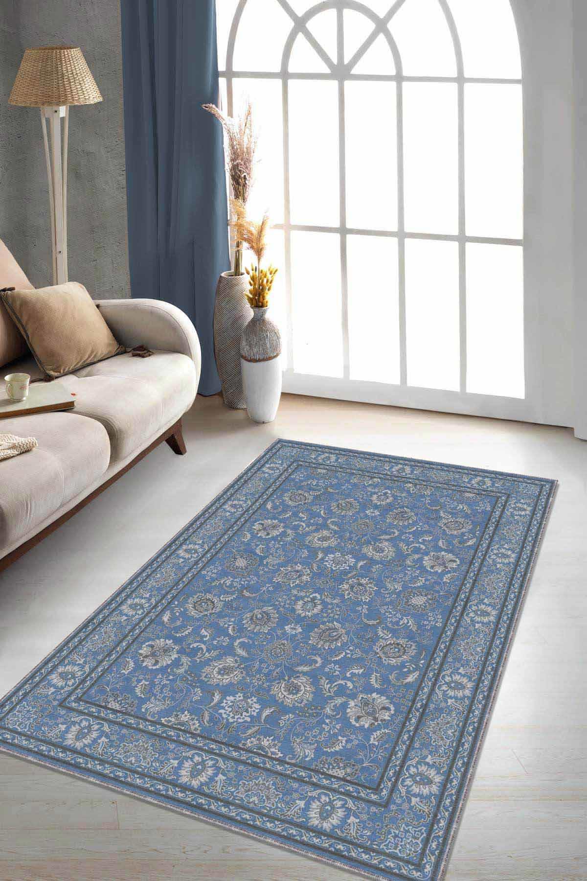 Viva Home RV291 Mavi 7 mm Mikropolyester Antialerjenik Yıkanabilir İnce Kaymaz Dikdörtgen Makine Dokuma Salon Halısı 140x200 cm