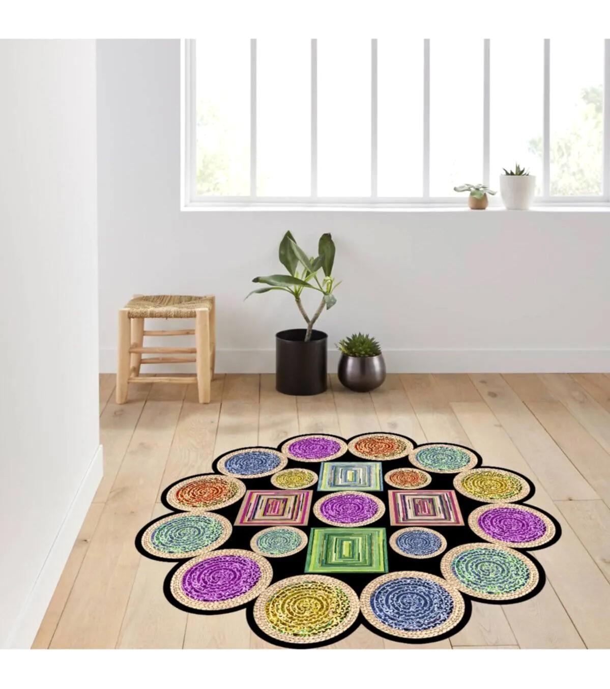 Rovigo Home RVG7011 Çok Renkli 8 mm Polyester Leke Tutmaz-Toz Tutmaz Yıkanabilir İnce Kaymaz Dot Taban Yuvarlak Makine Dokuma Salon Halısı 100x200 cm