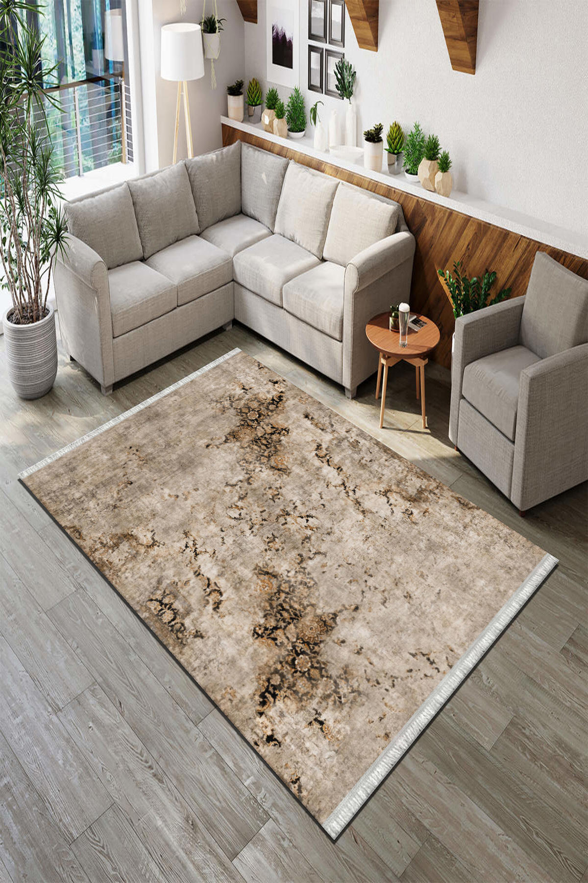 Roslyn Home Bej 6 mm Polyester Toz Tutmaz Yıkanabilir İnce Kaymaz Dot Taban Dikdörtgen Makine Dokuma Salon Halısı 120x180 cm