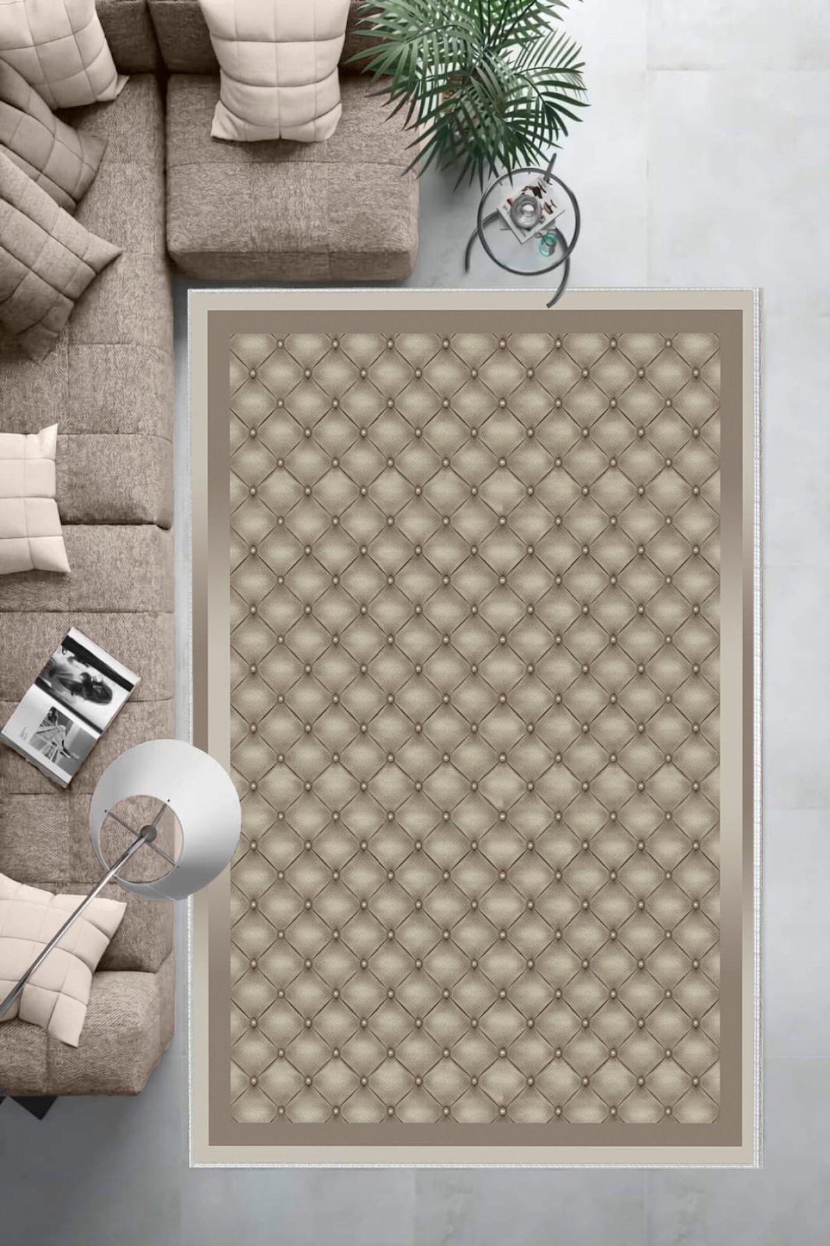 Aldora B1290 Bej-Vizon 9 mm Deri Antibakteriyel Yıkanabilir İnce Kaymaz Deri Taban Dikdörtgen Makine Dokuma Salon Halısı 100x150 cm