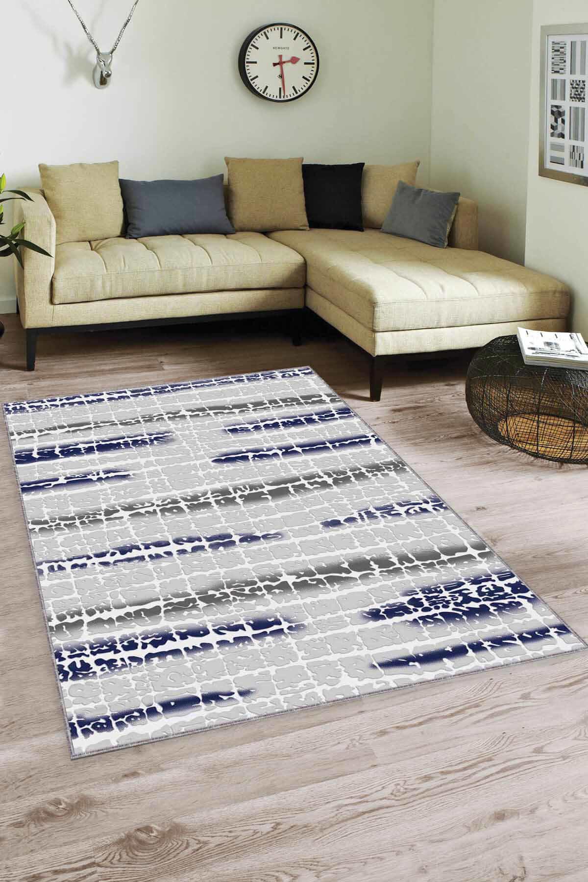 Viva Home FL08 Lacivert 7 mm Mikropolyester Antibakteriyel Yıkanabilir İnce Kaymaz Dikdörtgen Makine Dokuma Salon Halısı 180x180 cm