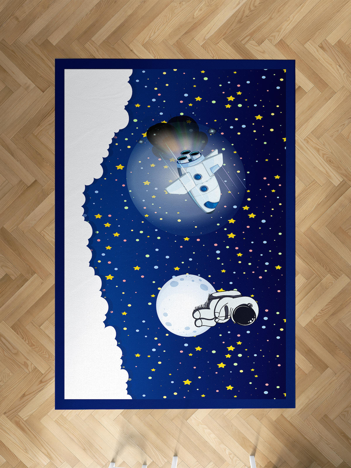 Mekta Home Astronot Krem 10 mm Antibakteriyel Yıkanabilir İnce Kaymaz Dot Taban Dikdörtgen Makine Dokuma Çocuk Odası Halısı 60x250 cm