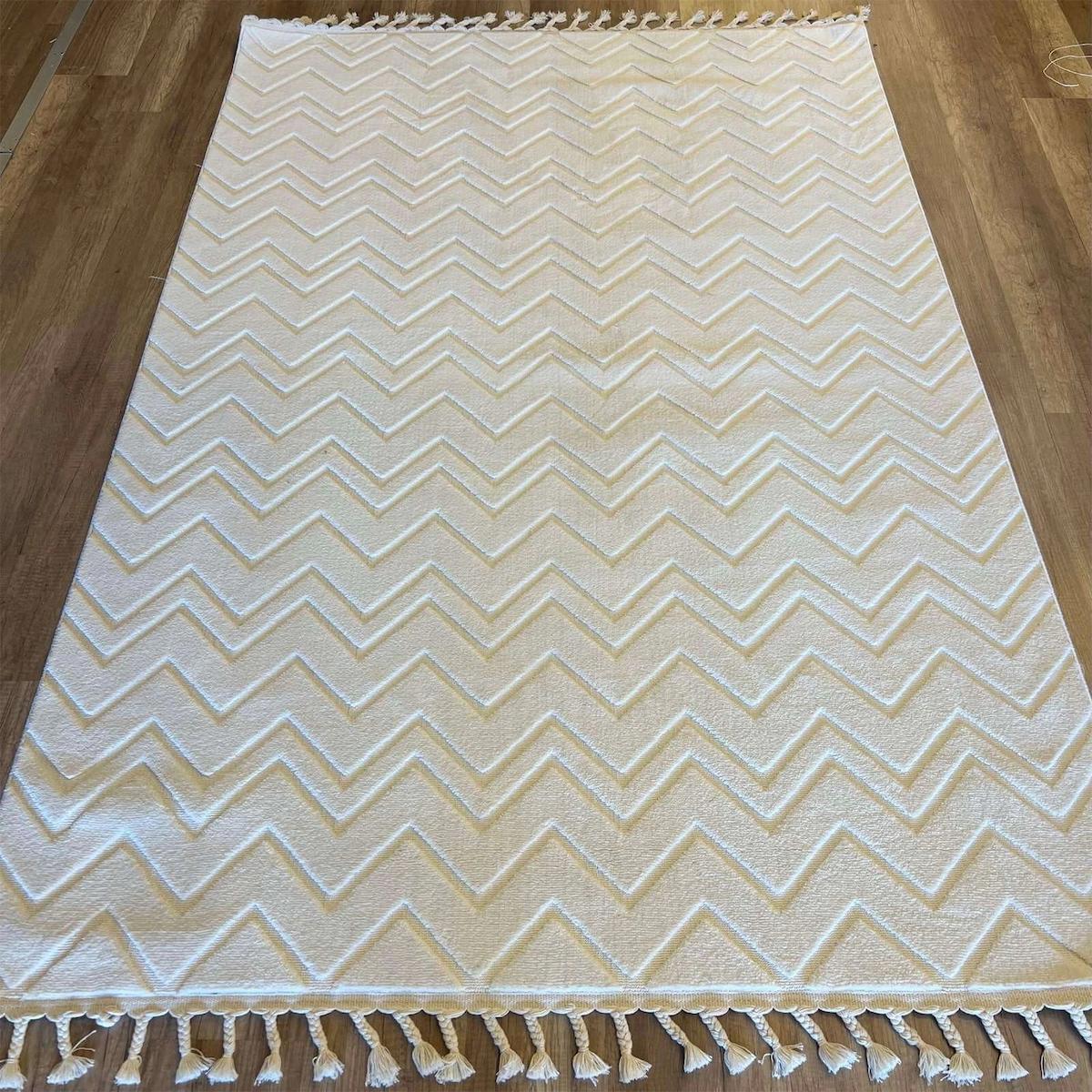 İpek Mekik Halı Lux 11703 Krem 11 mm Polyester Yıkanabilir Orta Kaymaz Pamuk Taban Dikdörtgen Makine Dokuma Antre-Çocuk Odası-Salon-Yatak Odası Halısı 160x233 cm
