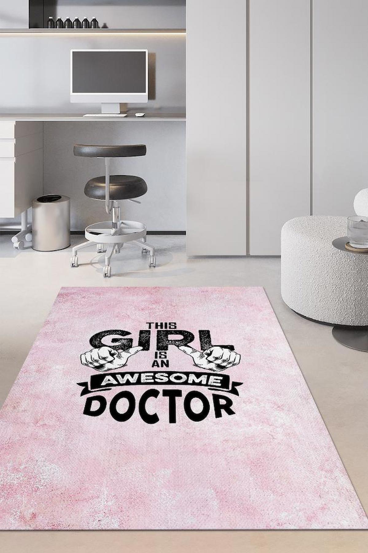 Homshtag Bu Kız Bir Doktor Pembe-Siyah 4 mm Pamuk Antistatik Yıkanabilir İnce Kaymaz Dikdörtgen Makine Dokuma Ofis Halısı 180x180 cm