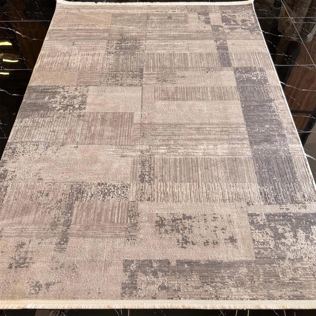 Sanat Halı Mira 3571 Gri-Krem 7 mm Pamuk Antibakteriyel Yıkanabilir Kalın Kaymaz Lateks Taban Dikdörtgen Makine Dokuma Salon Halısı 160x230 cm