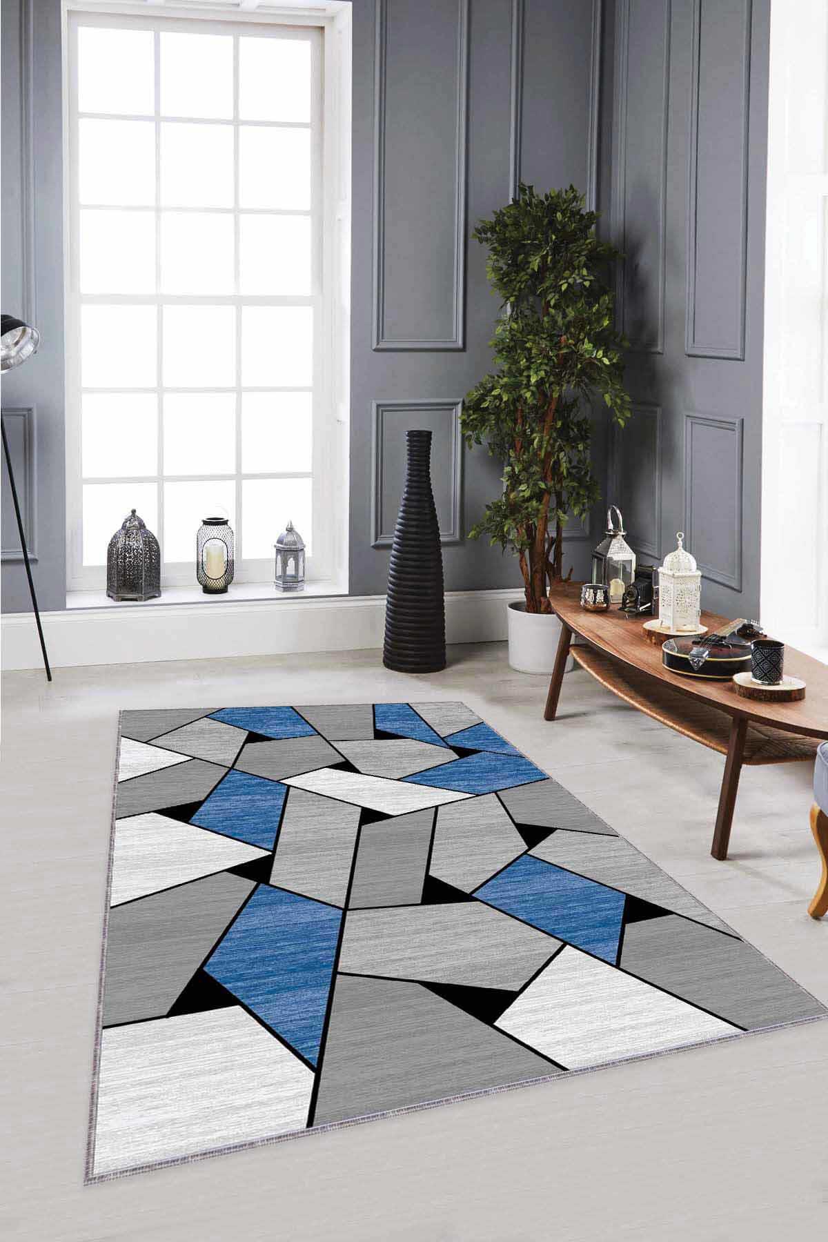 Viva Home WL07 Mavi 7 mm Mikropolyester Antibakteriyel Yıkanabilir İnce Kaymaz Dikdörtgen Makine Dokuma Salon Halısı 120x180 cm
