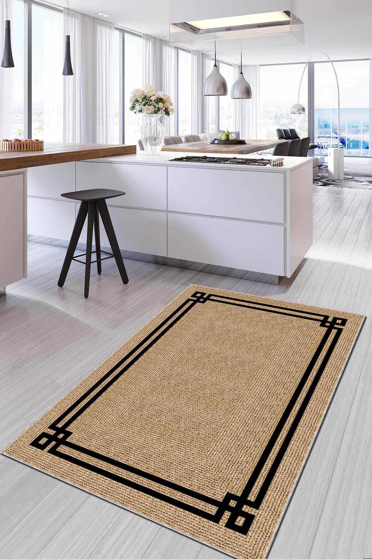 Viva Home AR1075 Bej 7 mm Mikropolyester Leke Tutmaz Yıkanabilir İnce Kaymaz Dot Taban Dikdörtgen Makine Dokuma Salon Halısı 120x160 cm