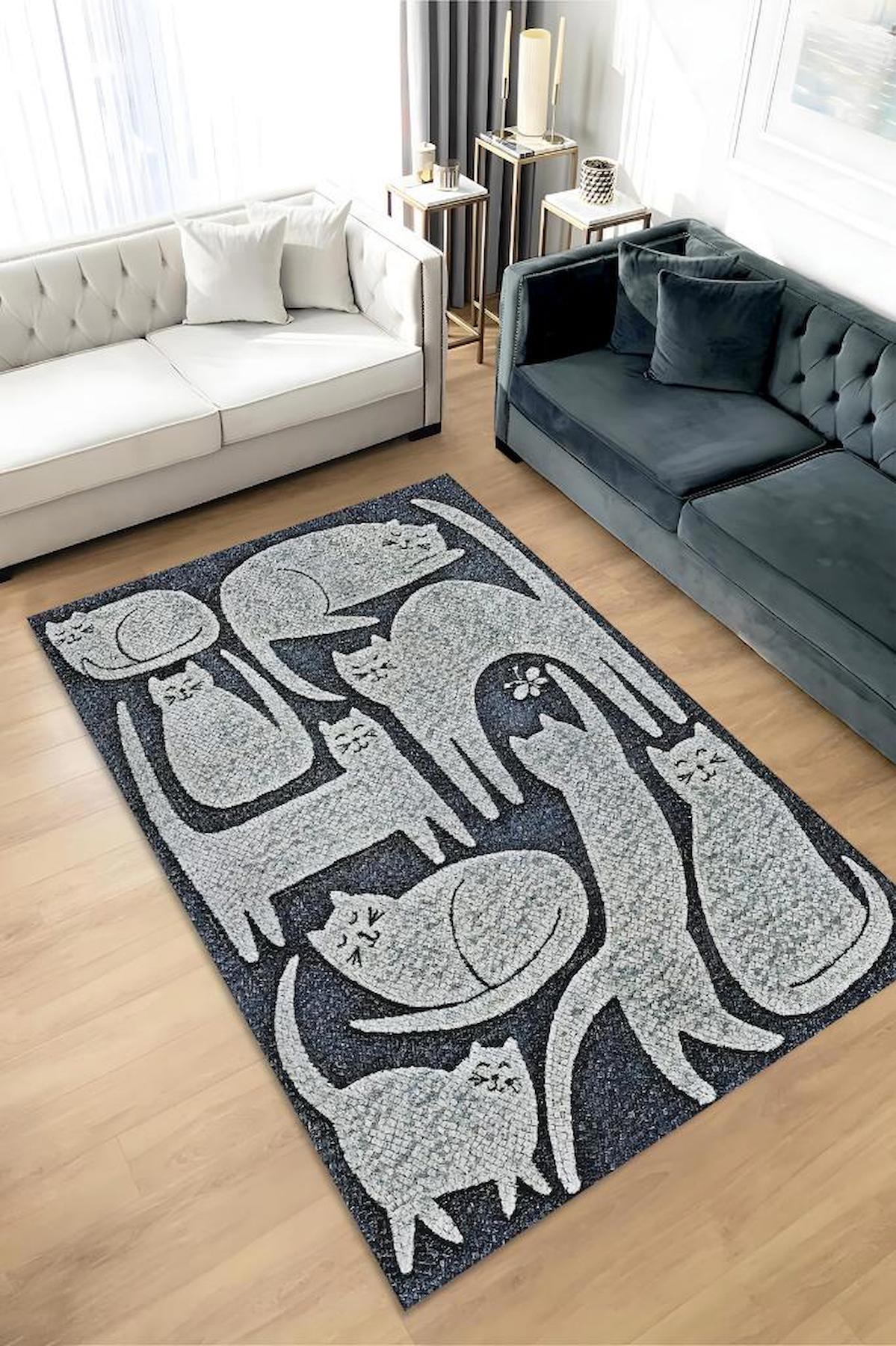 Homshtag Mutlu Kediler Krem 4 mm Pamuk Antistatik Yıkanabilir İnce Kaymaz Dikdörtgen Makine Dokuma Salon Halısı 200x290 cm