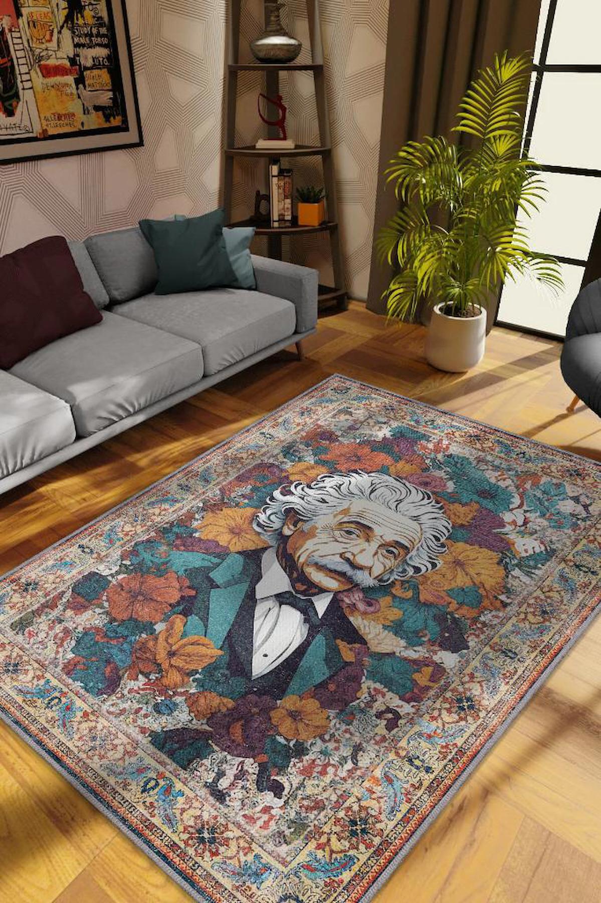 Homshtag Albert Einstein Krem 4 mm Pamuk Antistatik Yıkanabilir İnce Kaymaz Dikdörtgen Makine Dokuma Çalışma Odası Halısı 195x290 cm