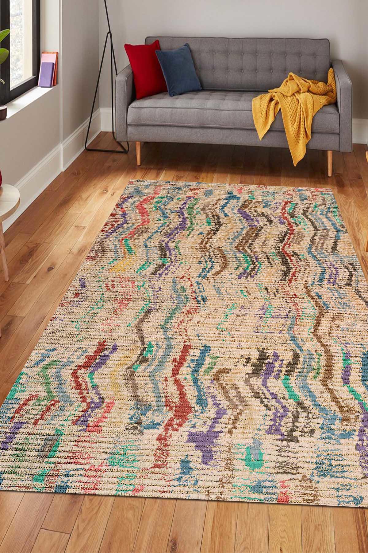 Aida Home Nador-Morocco Çok Renkli 0.5 mm Pamuk Antialerjenik Yıkanabilir İnce Kaymaz Şönil Taban Dikdörtgen Makine Dokuma Çocuk Odası Halısı 80x300 cm