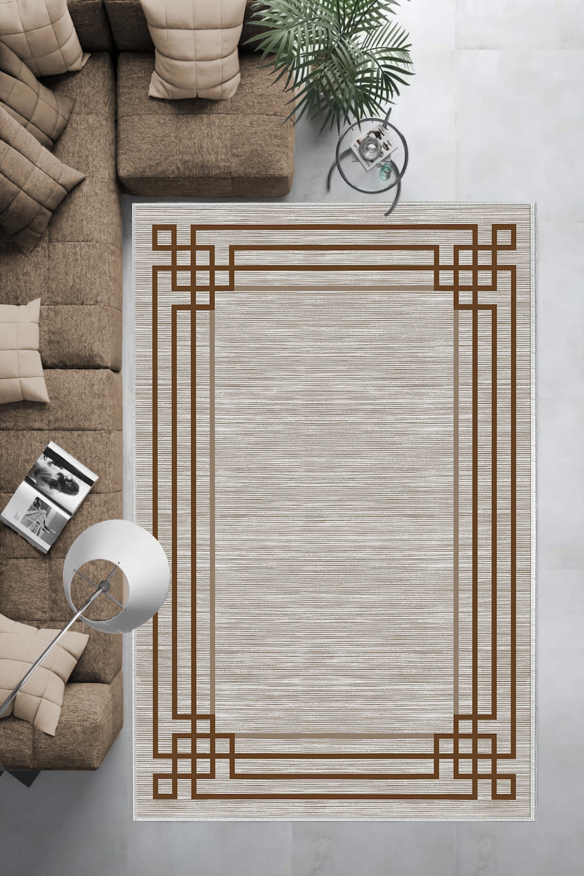Aldora Gri - Vizon 0.8 mm Polipropilen Yıkanabilir Orta Kaymaz Deri Taban Dikdörtgen Makine Dokuma Salon Halısı 80x140 cm