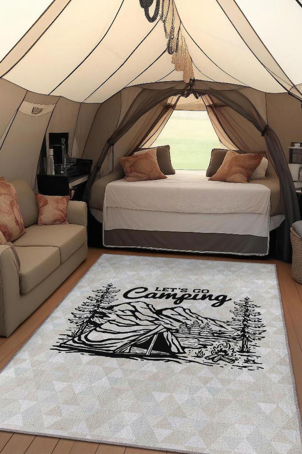 Homshtag Hadi Kamplayalım Krem 4 mm Pamuk Antistatik Yıkanabilir İnce Kaymaz Dikdörtgen Makine Dokuma Çadır-Karavan Halısı 140x200 cm
