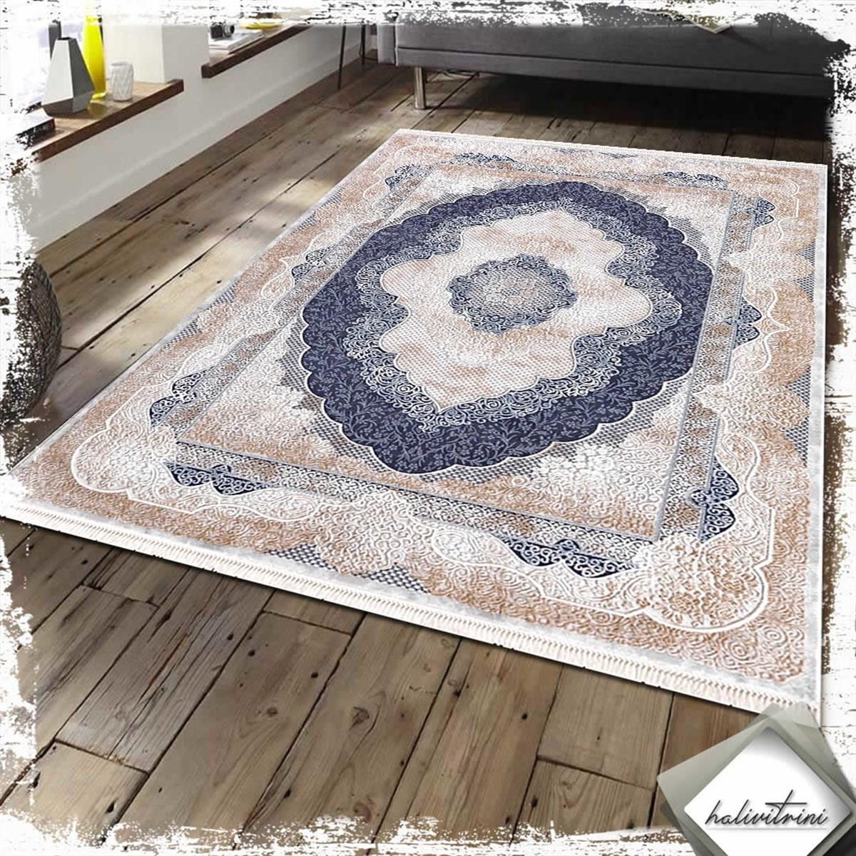 Padişah Santo 31882 Mavi 11 mm Akrilik Yumuşak Yıkanabilir İnce Dikdörtgen Makine Dokuma Salon Halısı 100x150 cm