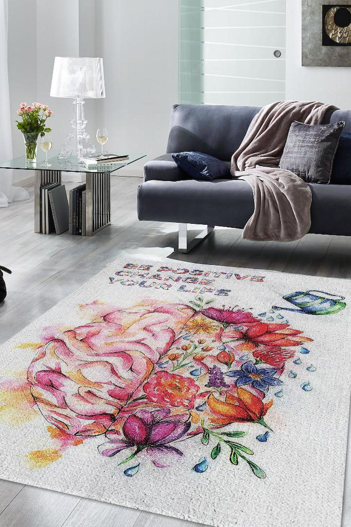 Homshtag Pozitif Ol Hayatını Değiştir Çok Renkli 4 mm Pamuk Antistatik Yıkanabilir İnce Kaymaz Dikdörtgen Makine Dokuma Salon Halısı 140x200 cm