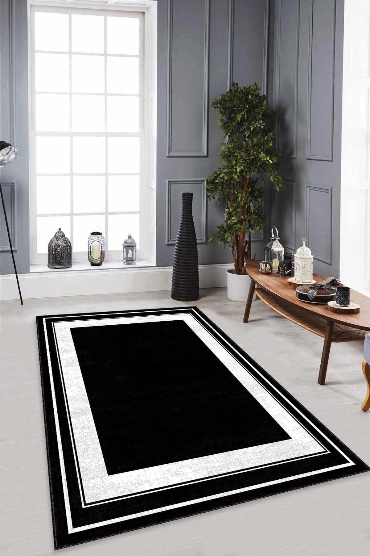 Viva Home AR530 Siyah 7 mm Mikropolyester Antibakteriyel Yıkanabilir Kalın Kaymaz Lateks Taban Dikdörtgen Makine Dokuma Salon Halısı 100x200 cm