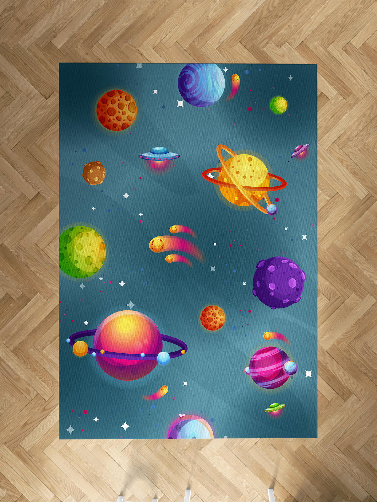 Mekta Home Gezegen-Uzay Krem 10 mm Antibakteriyel Yıkanabilir İnce Kaymaz Dot Taban Dikdörtgen Makine Dokuma Çocuk Odası Halısı 80x150 cm