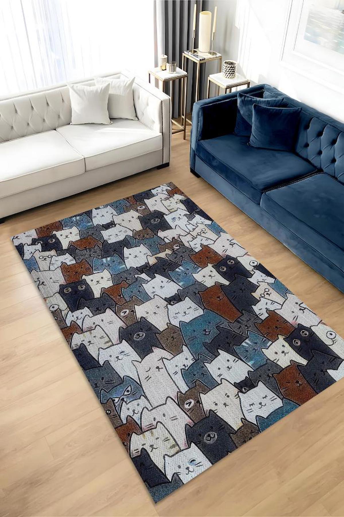Homshtag Kedi Yüzleri Krem 4 mm Pamuk Antistatik Yıkanabilir İnce Kaymaz Dikdörtgen Makine Dokuma Salon Halısı 80x300 cm