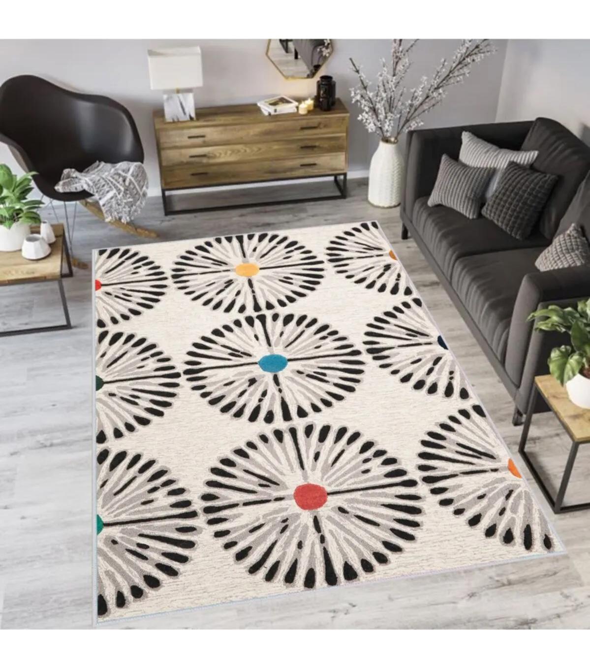 Rovigo Home RVG1126 Krem 8 mm Polyester Leke Tutmaz-Toz Tutmaz Yıkanabilir İnce Kaymaz Dot Taban Dikdörtgen Makine Dokuma Salon Halısı 100x160 cm