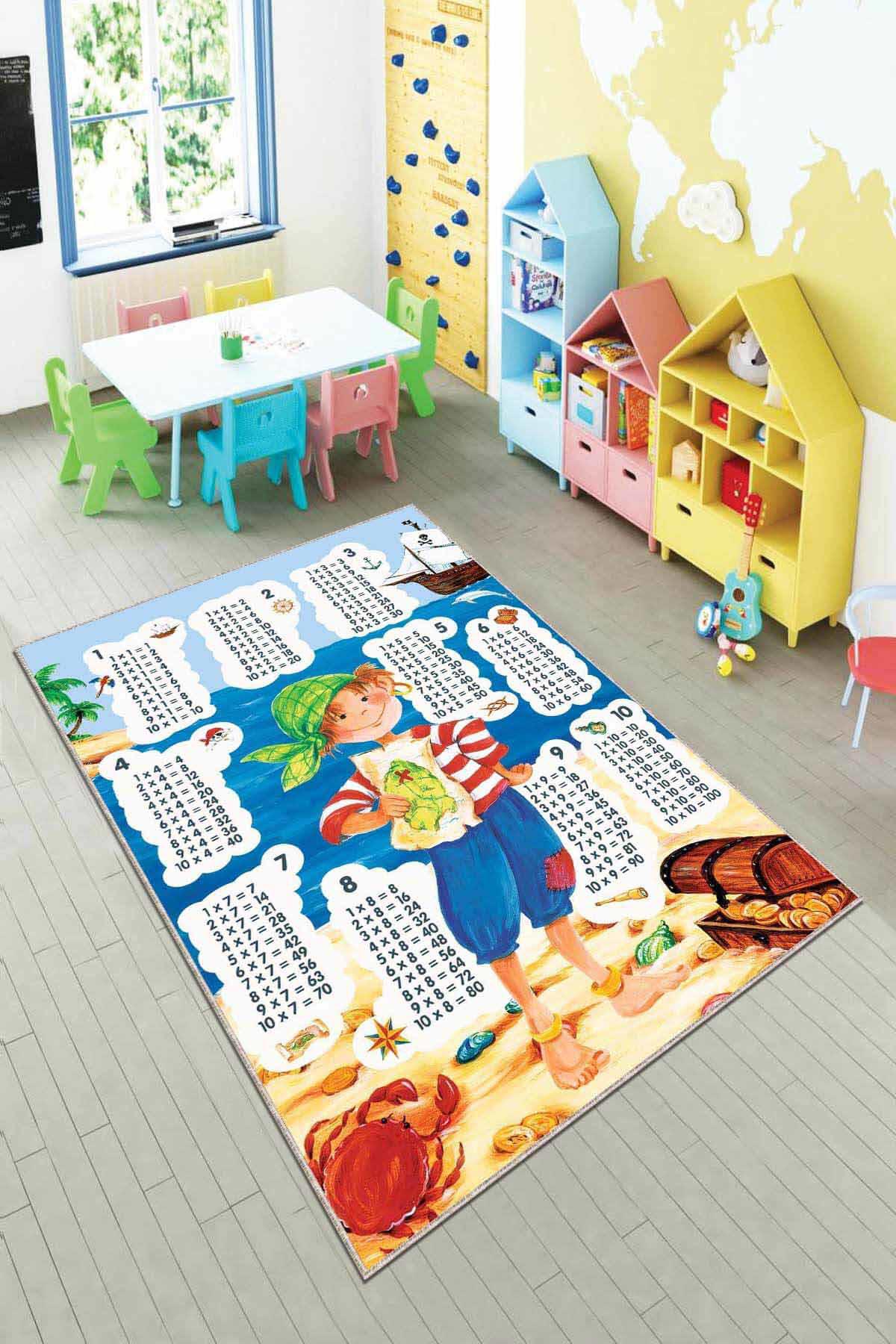Viva Home AR780 Mavi 7 mm Mikropolyester Leke tutmaz Yıkanabilir İnce Kaymaz Dot Taban Dikdörtgen Makine Dokuma Çocuk Odası Halısı 180x180 cm