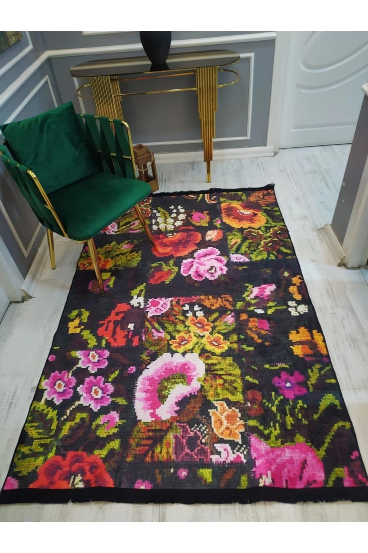 Doruklar Home Collection Siyah 0.7 mm Yıkanabilir Kaymaz Taban Çiçek Desenli Dikdörtgen Makine Dokuma Halı 80x500 cm