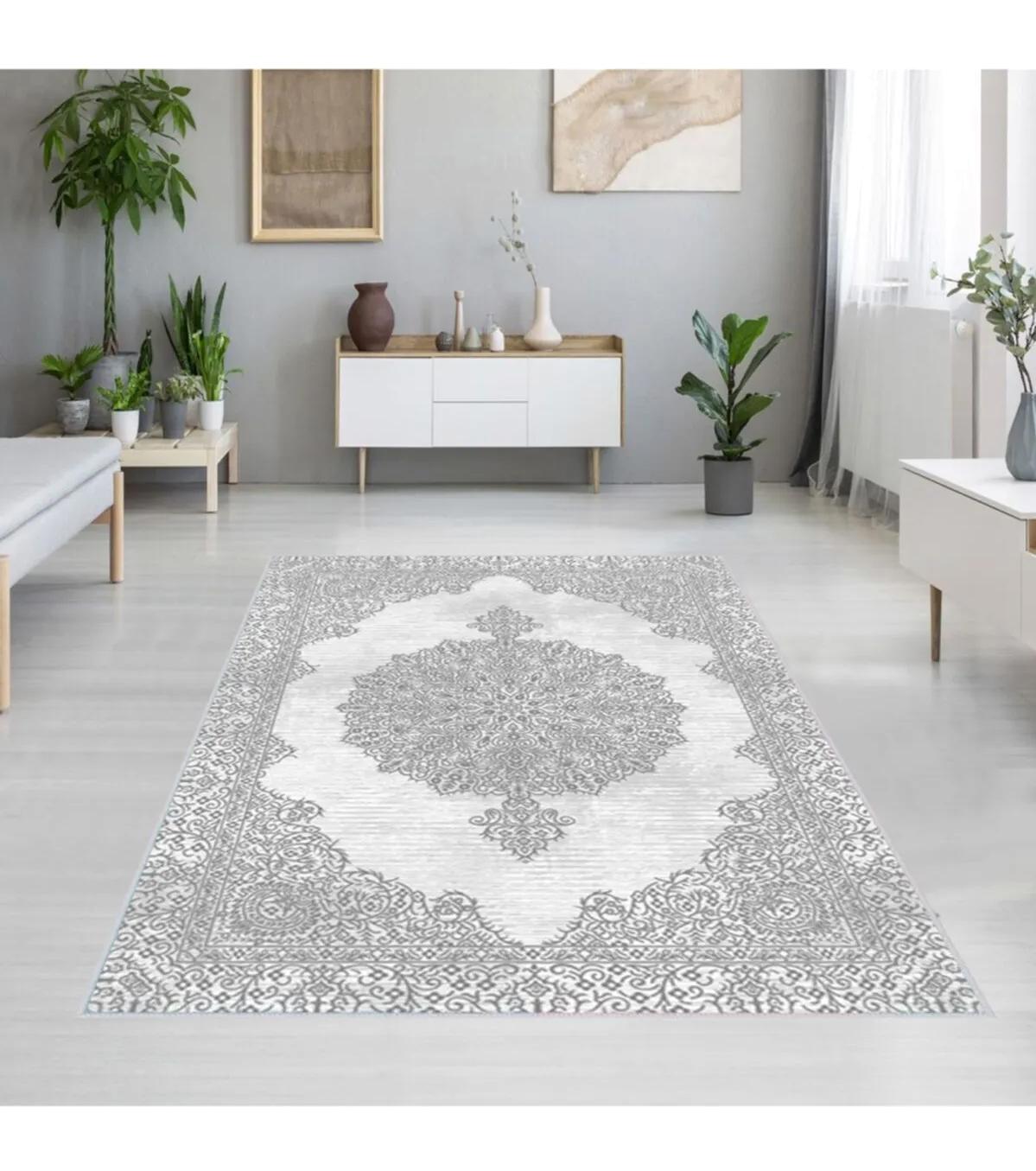 Rovigo Home RVG1372-HY1036 Gri 8 mm Polyester Leke Tutmaz-Toz Tutmaz Yıkanabilir İnce Kaymaz Dot Taban Dikdörtgen Makine Dokuma Salon Halısı 180x280 cm